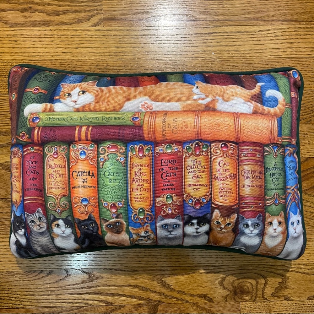 Humorous Whimsical Vibrant Cats and Library Books Decorative Pillow - Picture 3 of 10